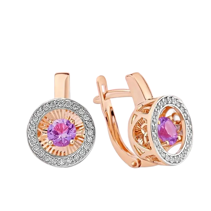 Product image 1 of the product “Earrings “Round Stone Halo” in 585 Two-Tone Gold with Cubic Zirconia and Amethyst ”