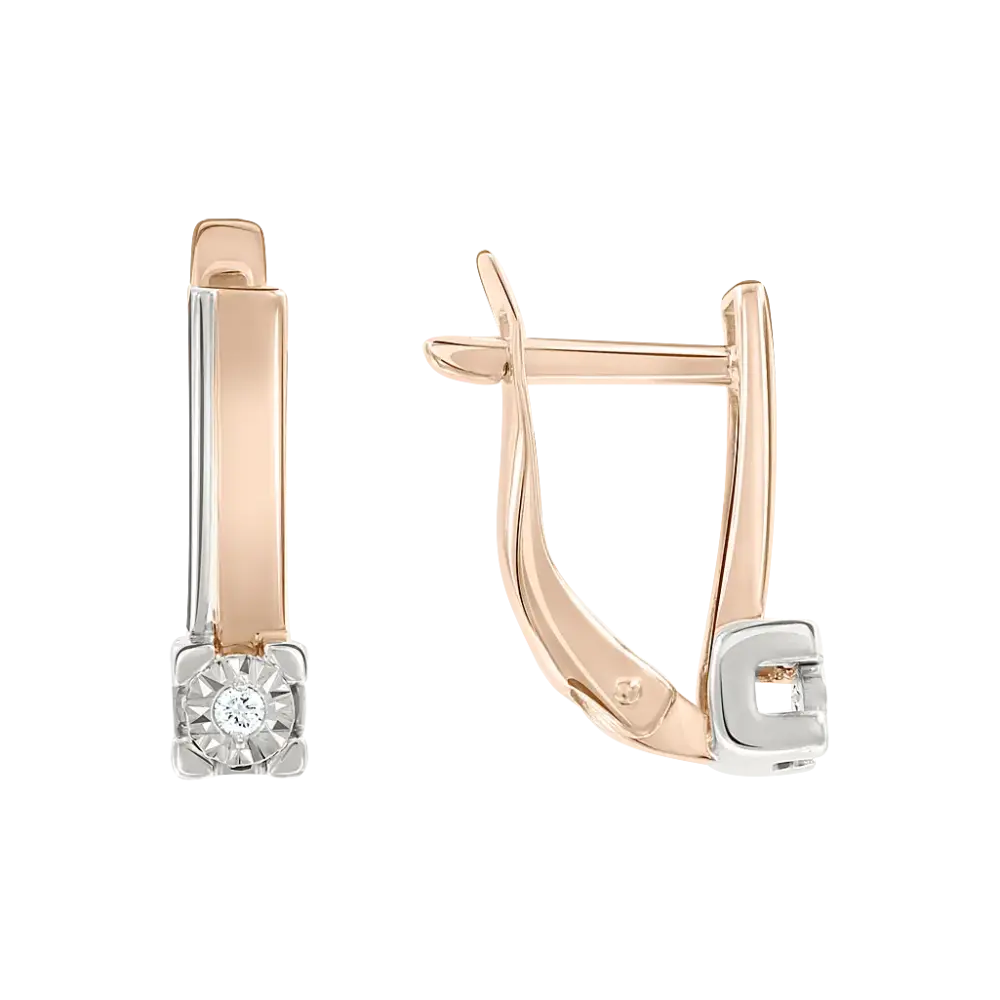 Product image 1 of the product “Earrings “Narrow with Solitaire” in 585 Two-Tone Gold with Diamonds, Height 15 mm ”