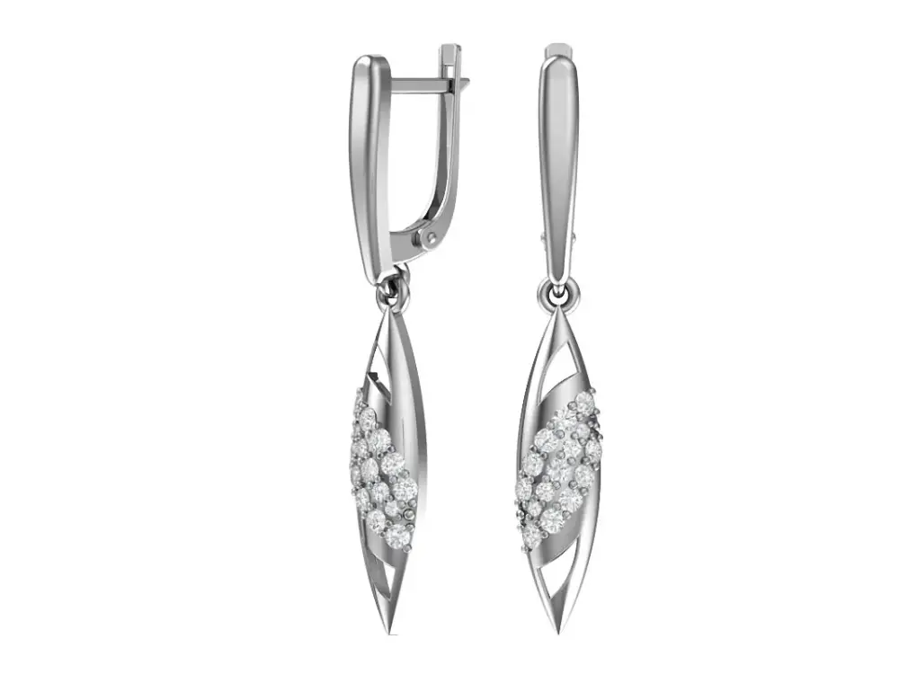 Product image 1 of the product “Earrings “Narrow Leaf with Stones” in 925 Sterling Silver with Cubic Zirconia, Height 33 mm ”