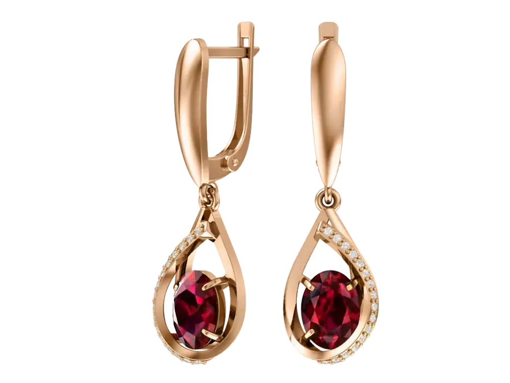 Artikelbild 1 des Artikels “Ohrringe „Tropfen im Steinrand“ aus 585 Rotgold mit Zirkonia und Granat “