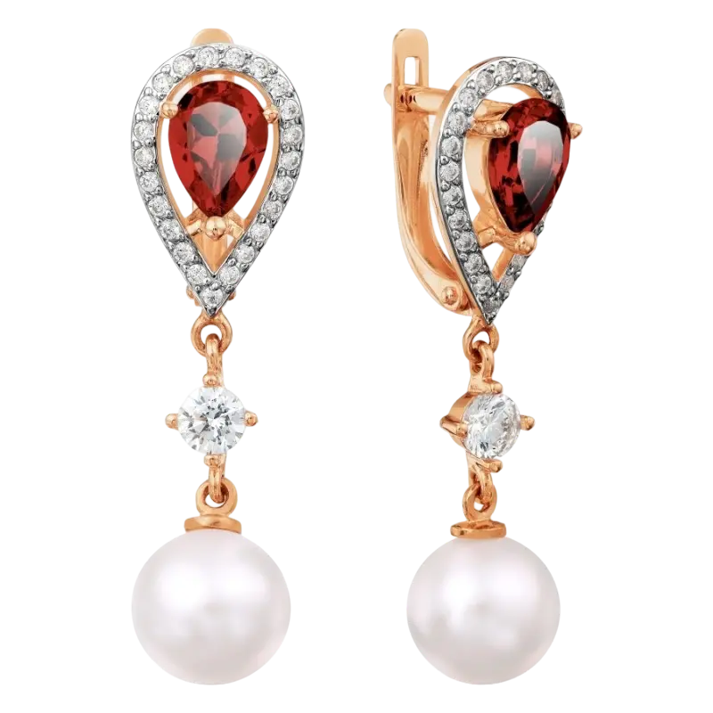 Product image 1 of the product “Earrings “Teardrop with Pearl” in 585 Rose Gold with Cubic Zirconia and Garnet ”