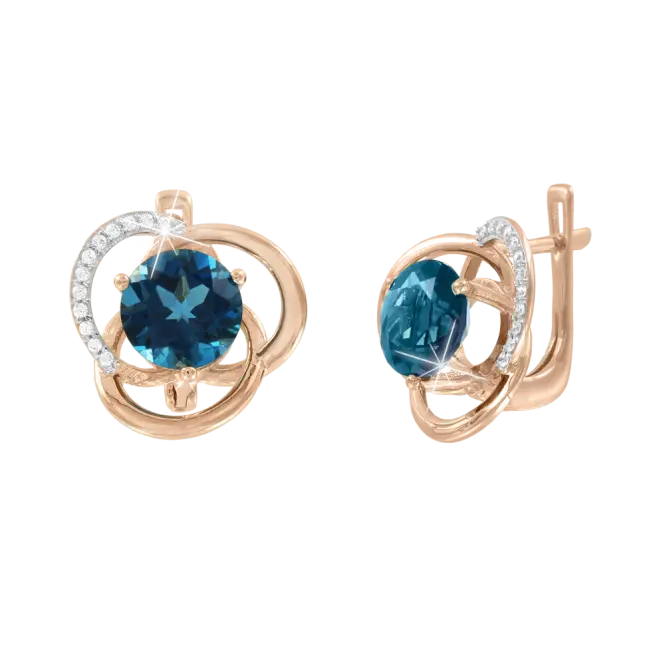 Artikelbild 1 des Artikels “Ohrringe „Verschlungene Ringe“ aus 585 Rotgold mit Zirkonia und London Blue Topas “