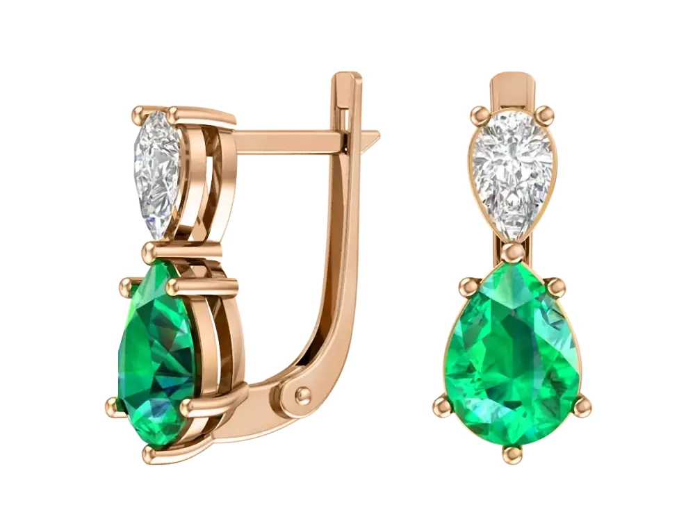 Product image 1 of the product “Earrings “Two Teardrops” in 585 Rose Gold with Diamonds and Emerald ”