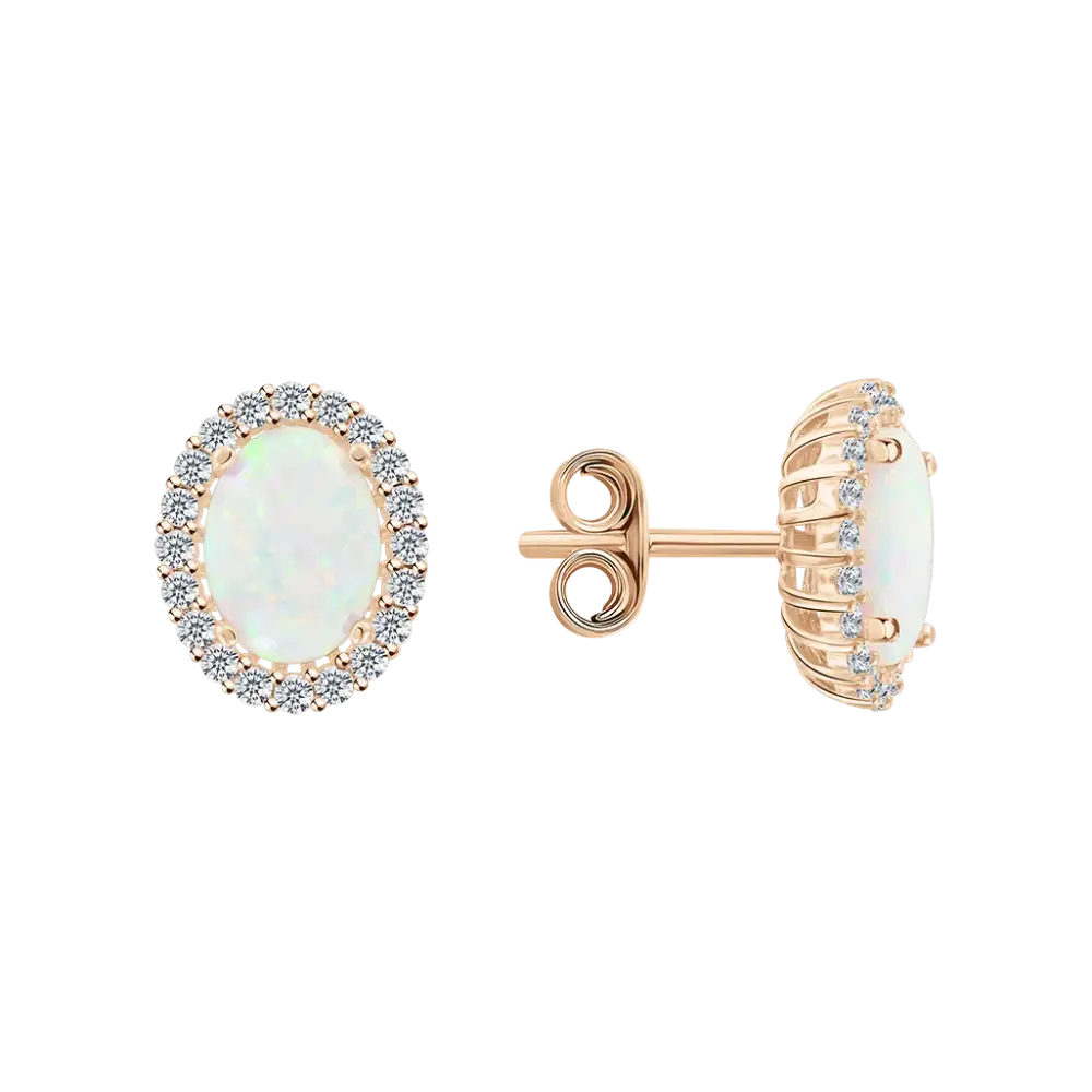 Artikelbild 1 des Artikels “Ohrstecker „Ovaler Opal mit Steinkranz“ aus 585 Rotgold mit Zirkonia und Opal “