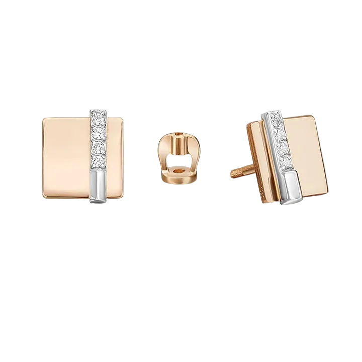 Product image 1 of the product “Stud Earrings “Square with Stone Row” in 585 Two-Tone Gold with Cubic Zirconia ”