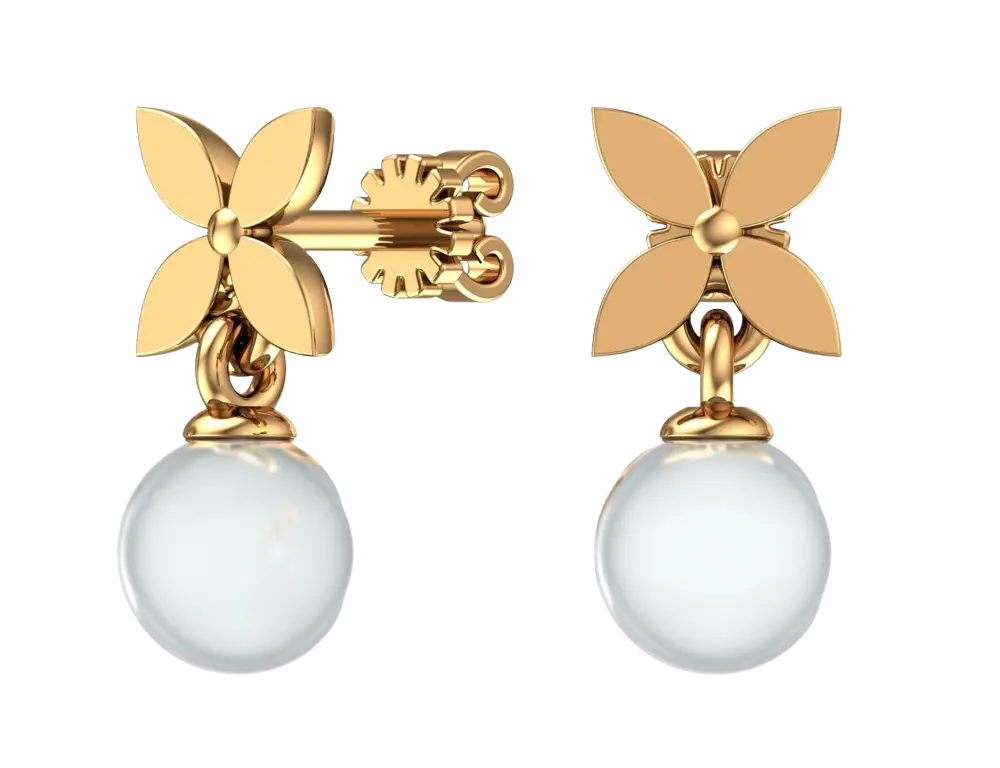 Product image 1 of the product “Stud Earrings “Quatrefoil with Hanging Pearl” in 585 Yellow Gold with Pearls ”