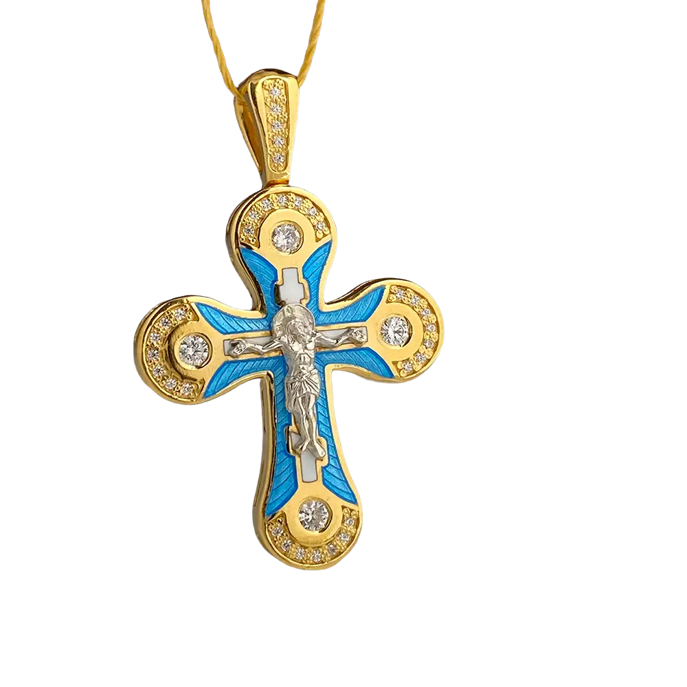 Product image 1 of the product “Orthodox Cross Pendant “Crucifixion of Christ” in 925 Sterling Silver, Plated with 999 Rose Gold, Set with Cubic Zirconia and Enamel, Height 38 mm ”