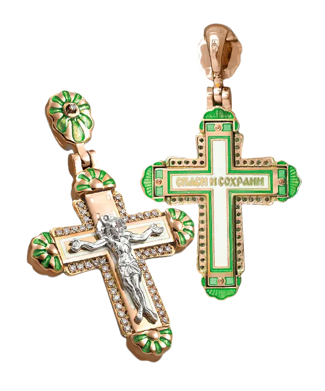 Product image 1 of the product “Orthodox Cross Pendant “Crucifixion of Christ” in 925 Sterling Silver, Plated with 999 Rose Gold, Set with Cubic Zirconia and Enamel, Height 42 mm ”