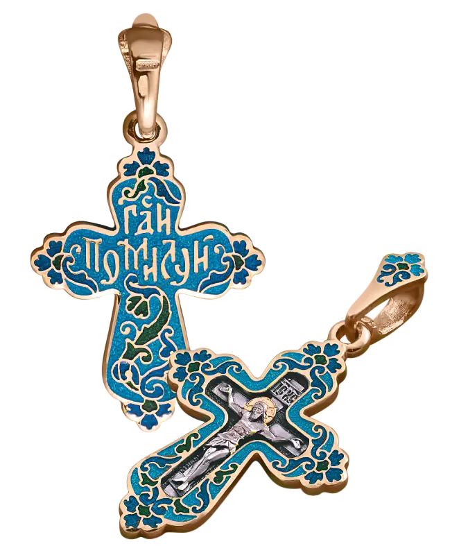 Artikelbild 1 des Artikels “Orthodoxe Kreuz-Anhänger Kreuzigung Christi 925 Silber mit Rotgold vergoldet 999 mit Emaille, Höhe 37 mm “
