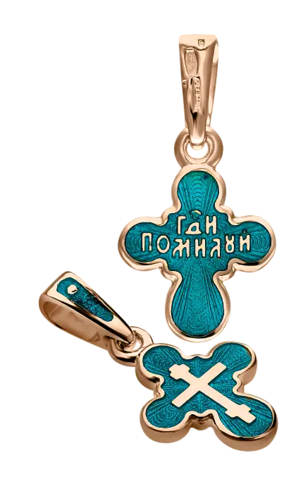 Artikelbild 1 des Artikels “Orthodoxer Kreuz-Anhänger „Господи помилуй“ mit türkiser Emaille aus 925 Silber vergoldet, Höhe 24 mm “