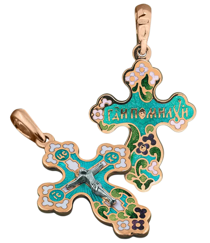 Product image 1 of the product “Orthodox Cross Pendant “Crucifixion of Christ” “Lord Have Mercy” in 925 Sterling Silver, Hot Enamel, Plated with 999 Rose Gold ”