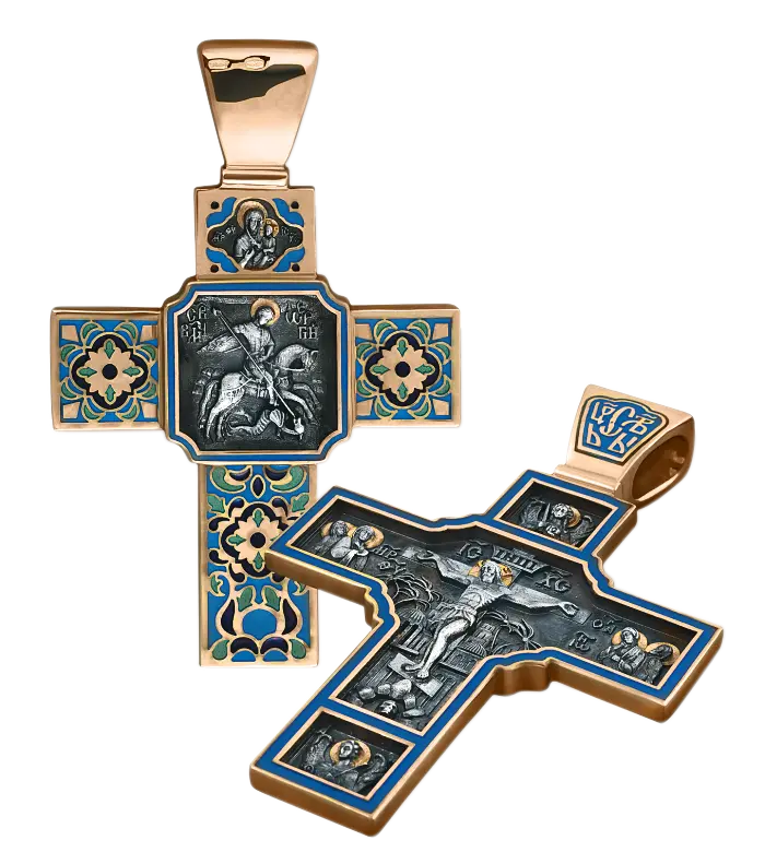 Product image 1 of the product “Orthodox Cross Pendant “Crucifixion of Christ” and “St George the Victorious” in 925 Sterling Silver, Plated with 999 Rose Gold ”