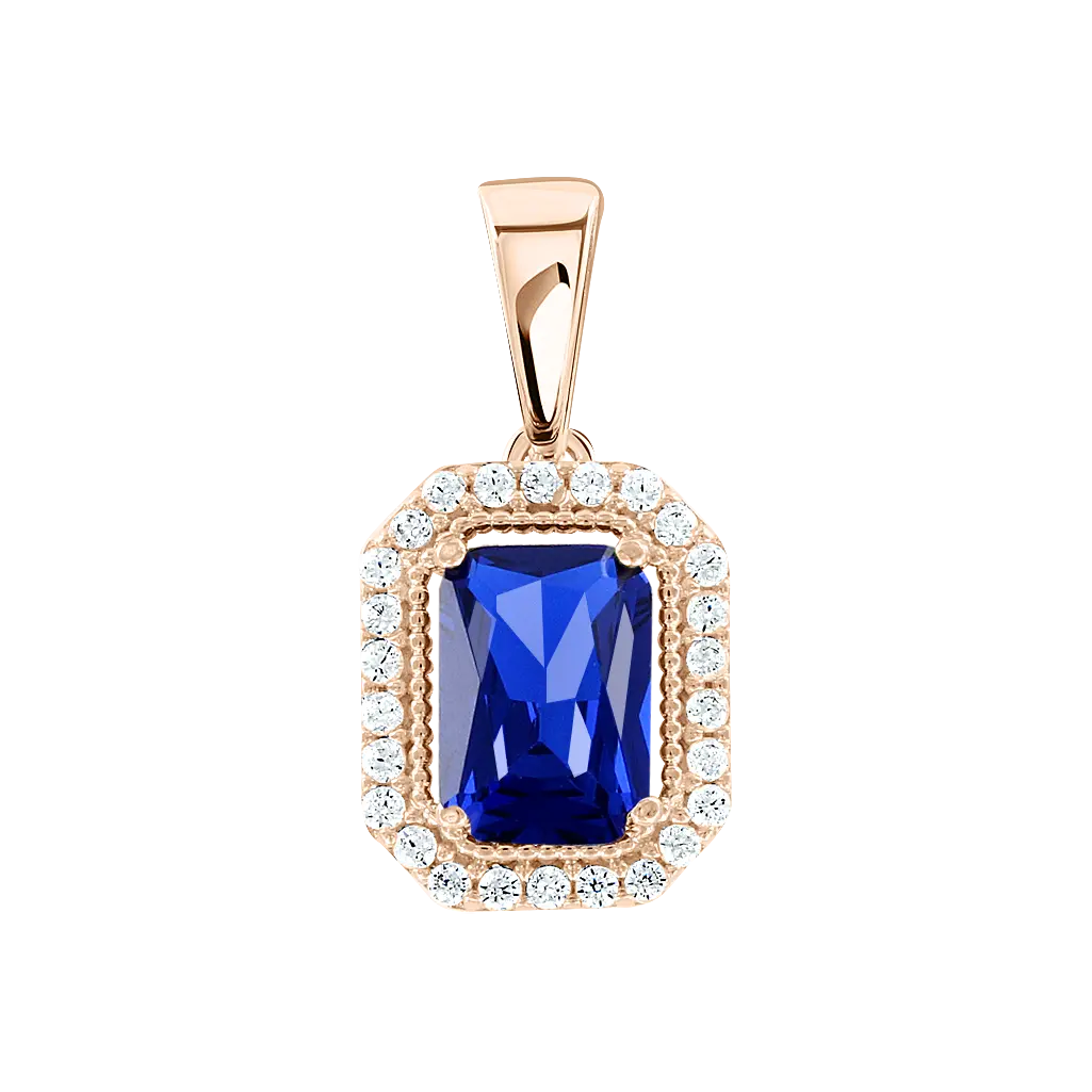 Product image 1 of the product “Pendant “Blue Rectangular Stone in Halo” in 585 Rose Gold with Cubic Zirconia ”