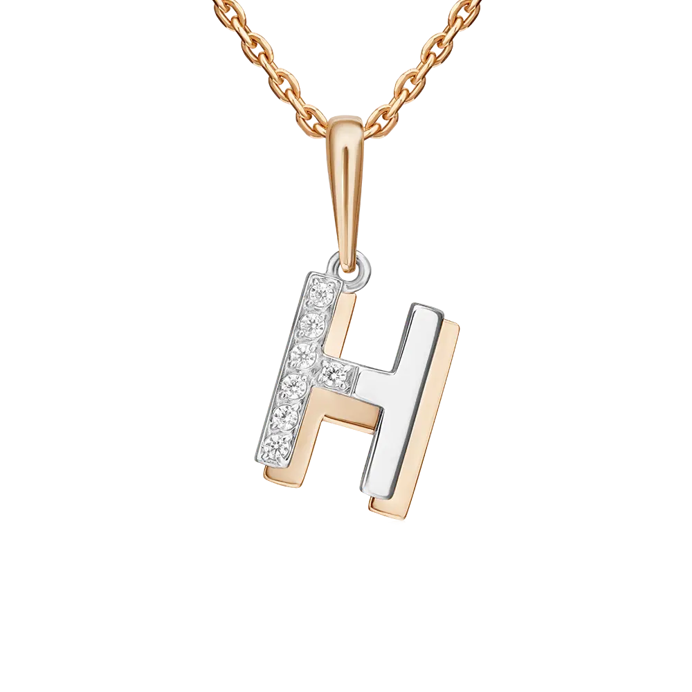 Product image 1 of the product “Pendant “Letter H with Stones” in 585 Two-Tone Gold with Cubic Zirconia ”
