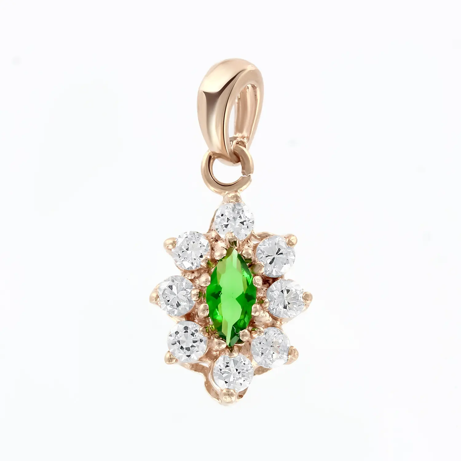 Artikelbild 1 des Artikels “Anhänger „Grüne Navette im Steinkranz“ aus 585 Rotgold mit Zirkonia “