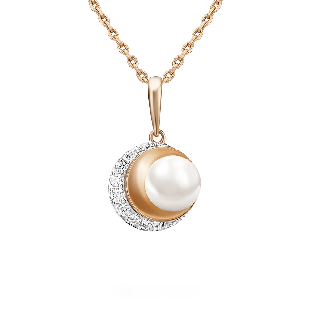 Product image 1 of the product “Pendant “Pearl in Crescent” in 585 Rose Gold with Cubic Zirconia and Pearls ”