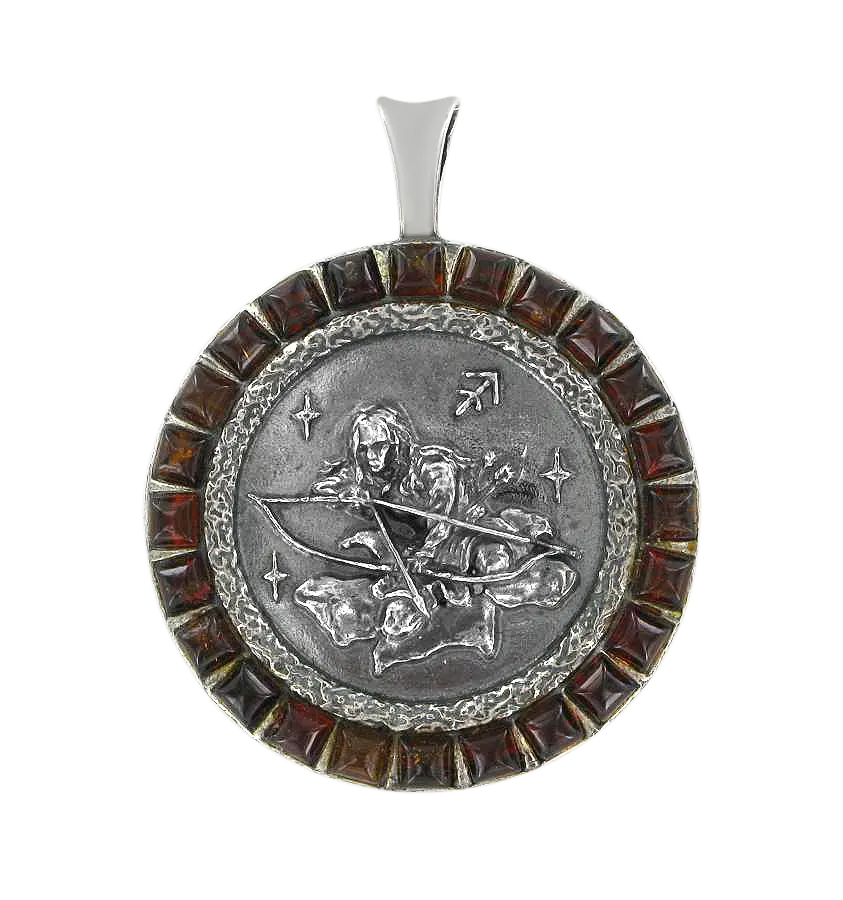 Product image 1 of the product “Zodiac Sign Pendant Sagittarius in 925 Sterling Silver with Genuine Amber, Height 41 mm ”