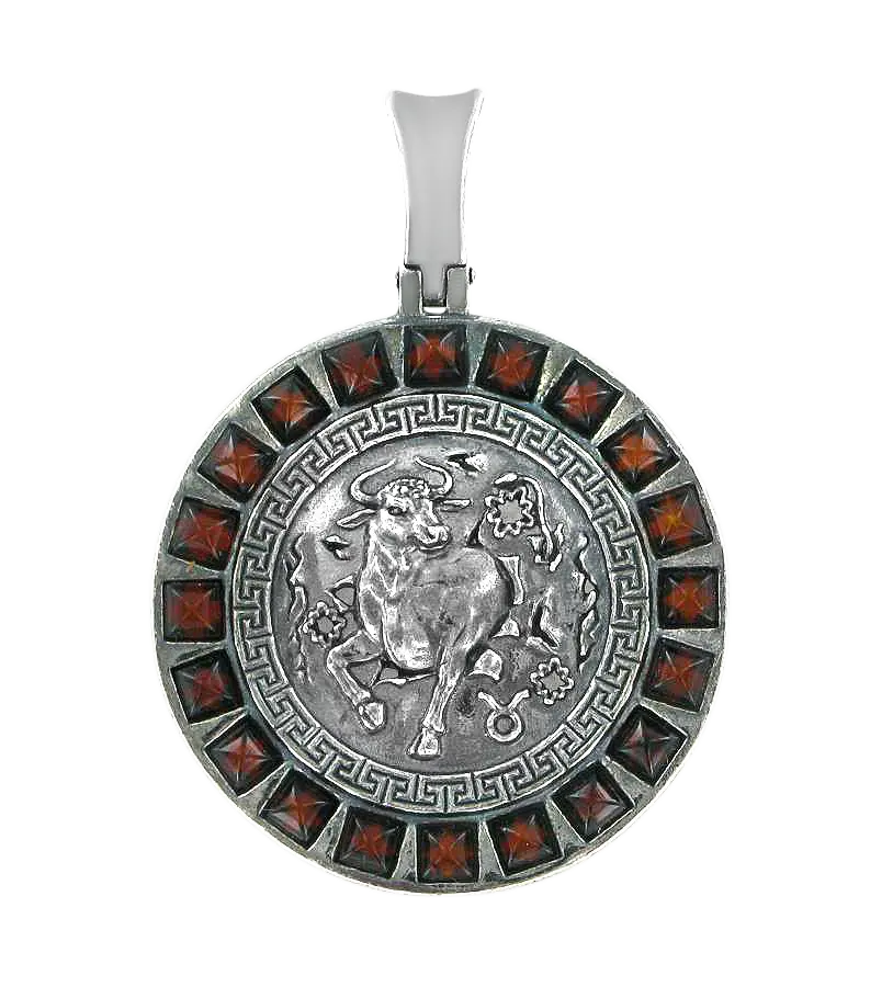 Product image 1 of the product “Zodiac Sign Pendant Taurus in 925 Sterling Silver with Genuine Amber, Height 41 mm ”