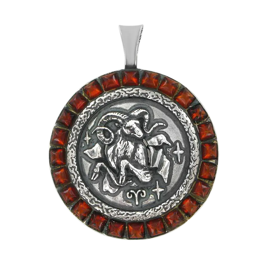 Product image 1 of the product “Zodiac Sign Pendant Aries in 925 Sterling Silver with Genuine Amber, Height 41 mm ”