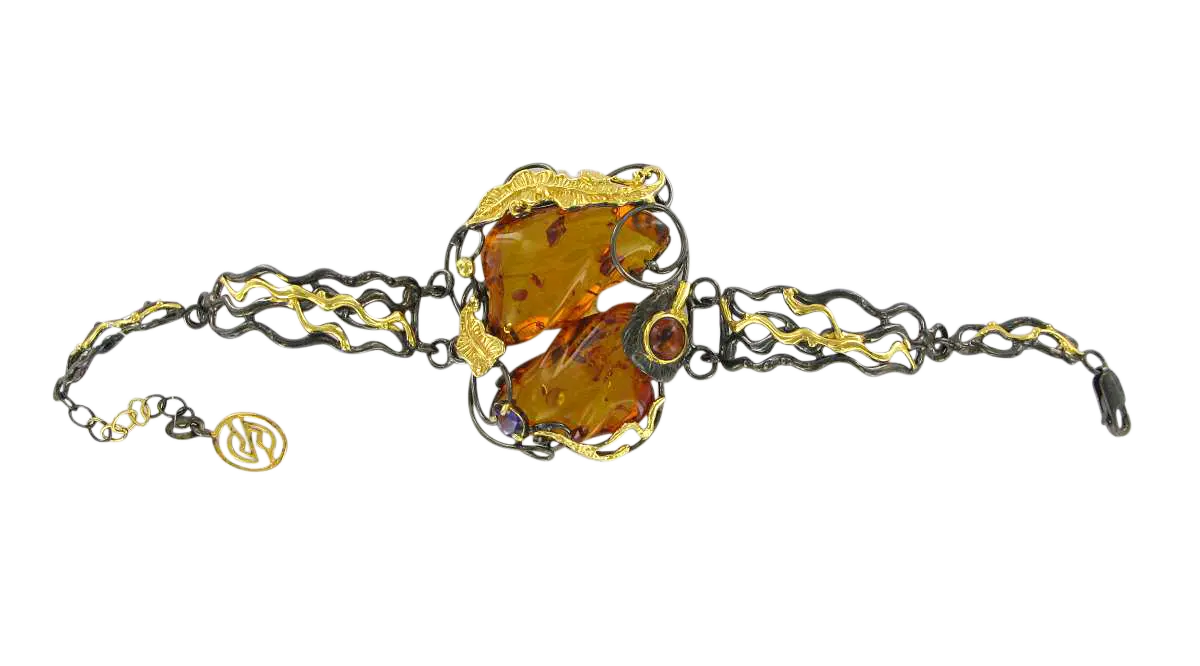 Artikelbild 1 des Artikels “Armband „Filigranband mit Rohstein“ aus 925 Silber vergoldet mit Bernstein “