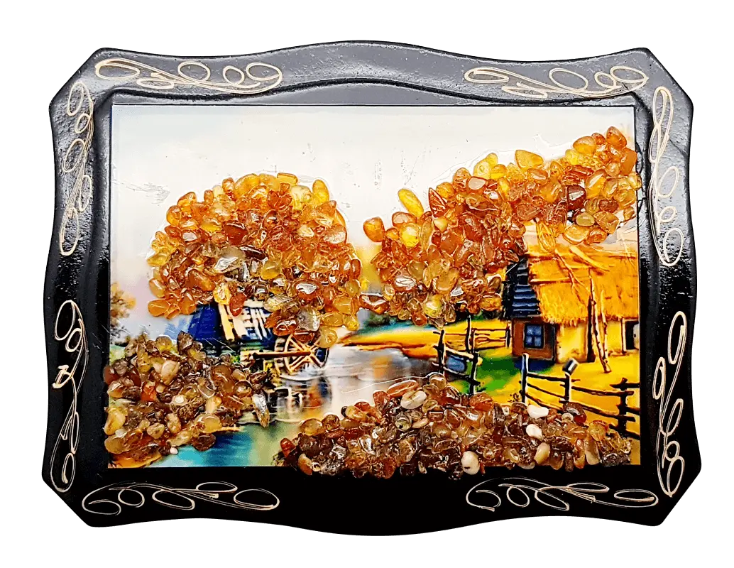 Product image 1 of the product “Amber Picture “Landscape with House by the Stream” ”