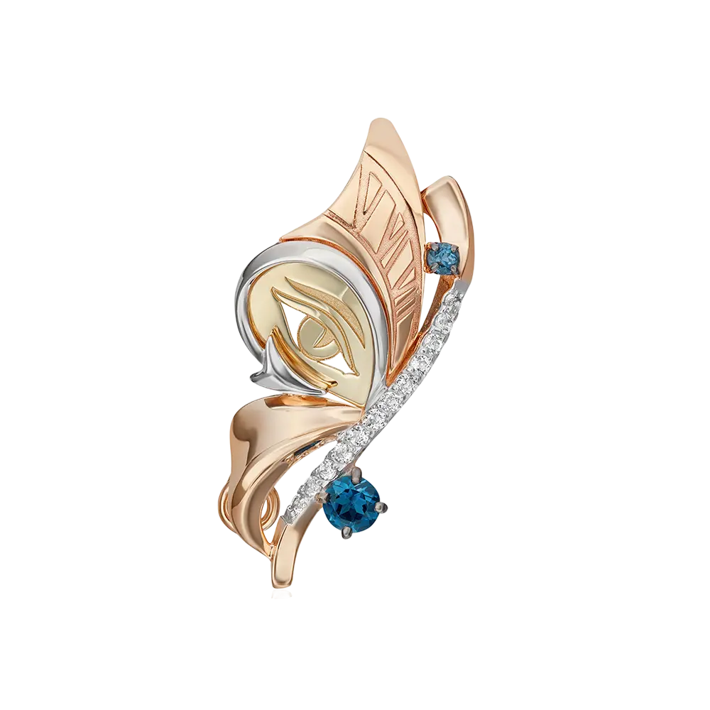 Artikelbild 1 des Artikels “Brosche „Blatt mit blauen Steinen“ aus 585 Rotgold mit Zirkonia und Topas “