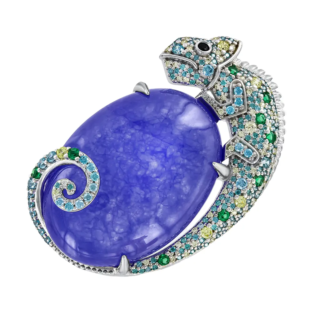 Artikelbild 1 des Artikels “Brosche „Chamäleon mit Quarz“ aus 925 Silber mit Zirkonia und Quarz “