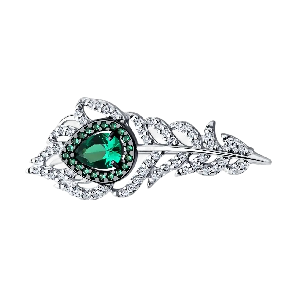Artikelbild 1 des Artikels “Brosche „Pfauenfeder mit grünem Stein“ aus 925 Silber mit Zirkonia “