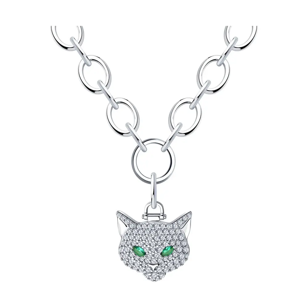 Artikelbild 1 des Artikels “Collier „Katzenkopf mit grünen Augen“ aus 925 Silber mit Zirkonia “