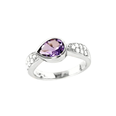 Product image 1 of the product “Women's Ring “Amethyst Drop with Row of Stones” in 925 Sterling Silver with Cubic Zirconia and Amethyst ”