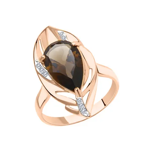 Artikelbild 1 des Artikels “Damenring „Blatt mit Tropfen“ aus 585 Rotgold mit Zirkonia und Rauchtopas “