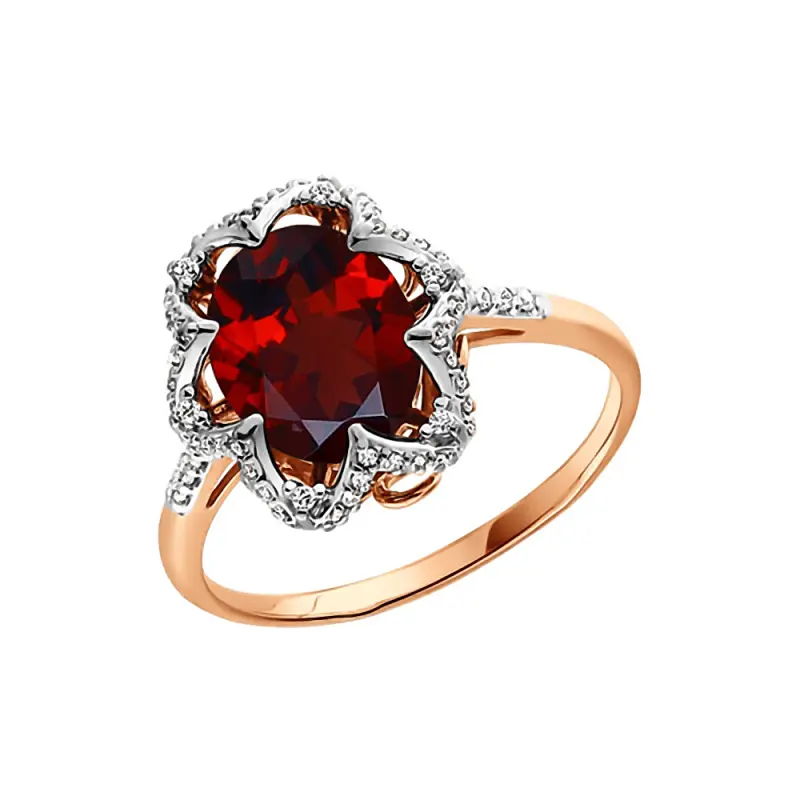 Product image 1 of the product “Women's Ring “Flower with Setting” in 585 Two-Tone Gold with Cubic Zirconia and Garnet ”