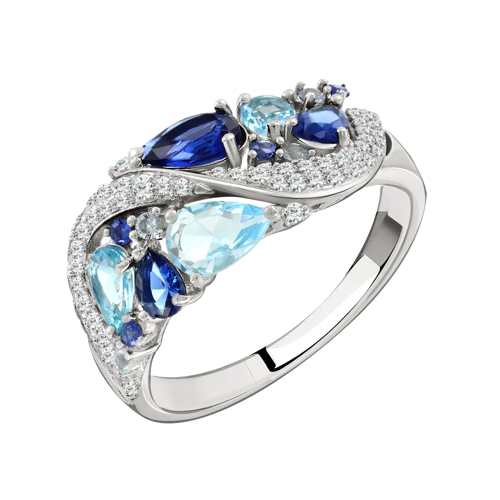 Artikelbild 1 des Artikels “Damenring „Bunte Tropfen im Schwung“ aus 925 Silber mit Zirkonia “