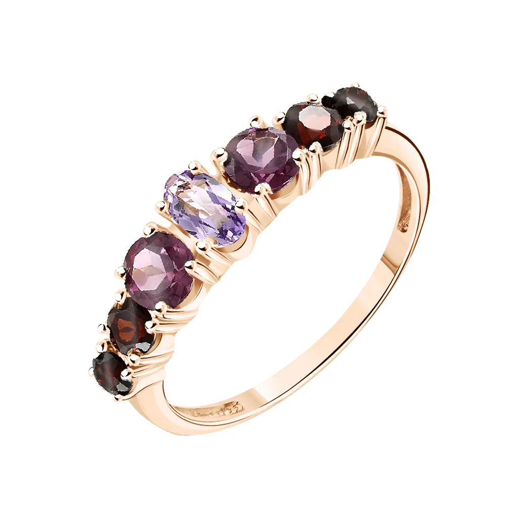 Product image 1 of the product “Women's Ring “Five Stones in a Row” in 585 Rose Gold with Amethyst and Garnet ”