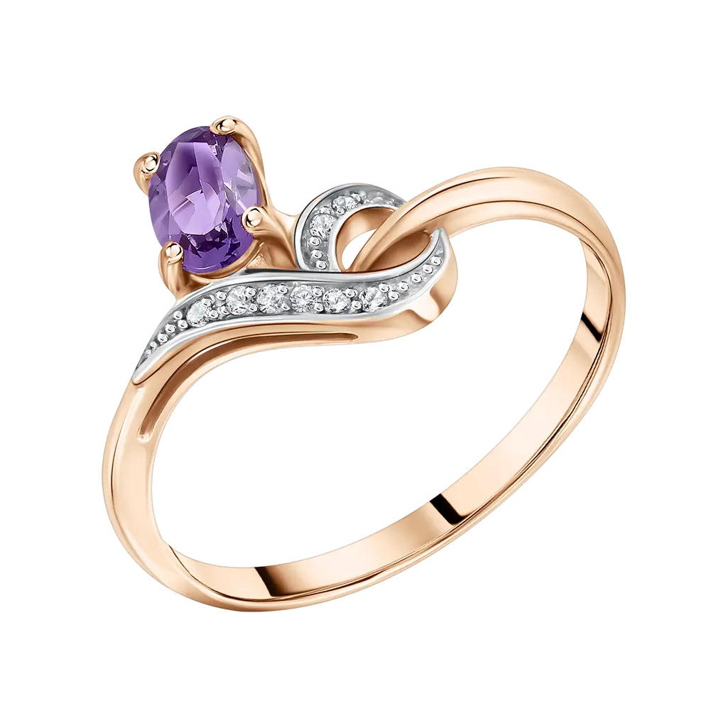 Product image 1 of the product “Women's Ring “Curved with Oval Stone” in 585 Rose Gold with Cubic Zirconia and Amethyst ”