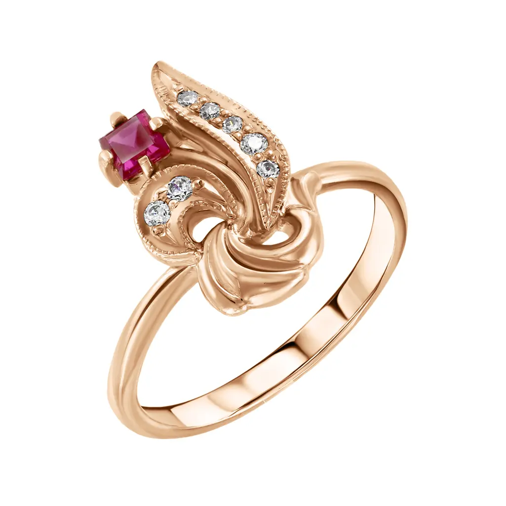 Artikelbild 1 des Artikels “Damenring „Lilie mit Rubin“ aus 585 Rotgold mit Zirkonia und Rubin (synthetisch) “