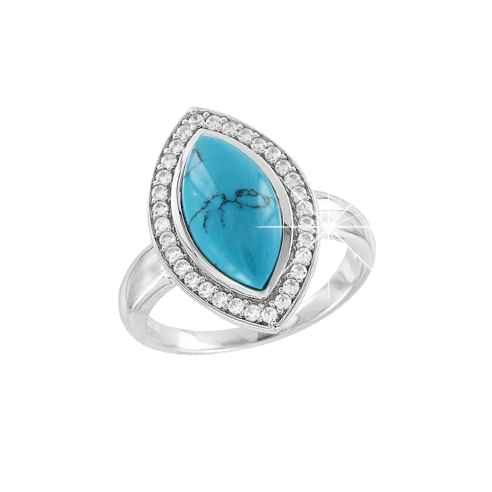 Product image 1 of the product “Women's Ring “Navette in Stone Halo” in 925 Sterling Silver with Cubic Zirconia and Turquoise ”