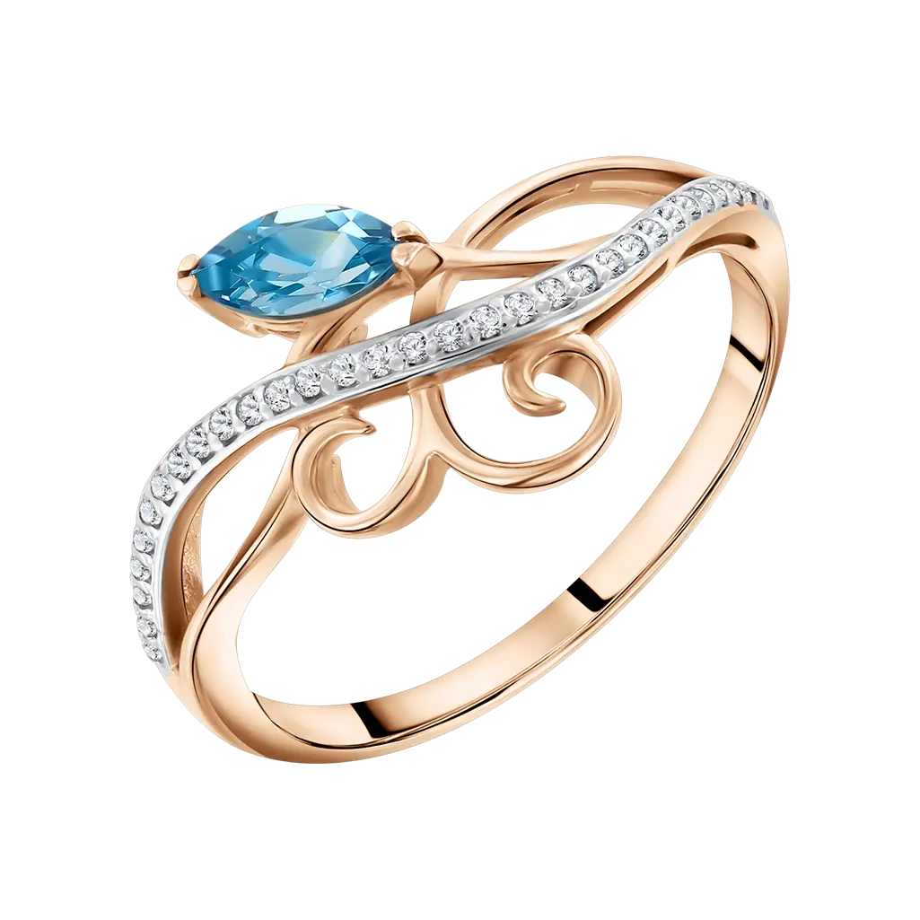 Product image 1 of the product “Women's Ring “Navette with Scrolls” in 585 Rose Gold with Cubic Zirconia and Topaz ”
