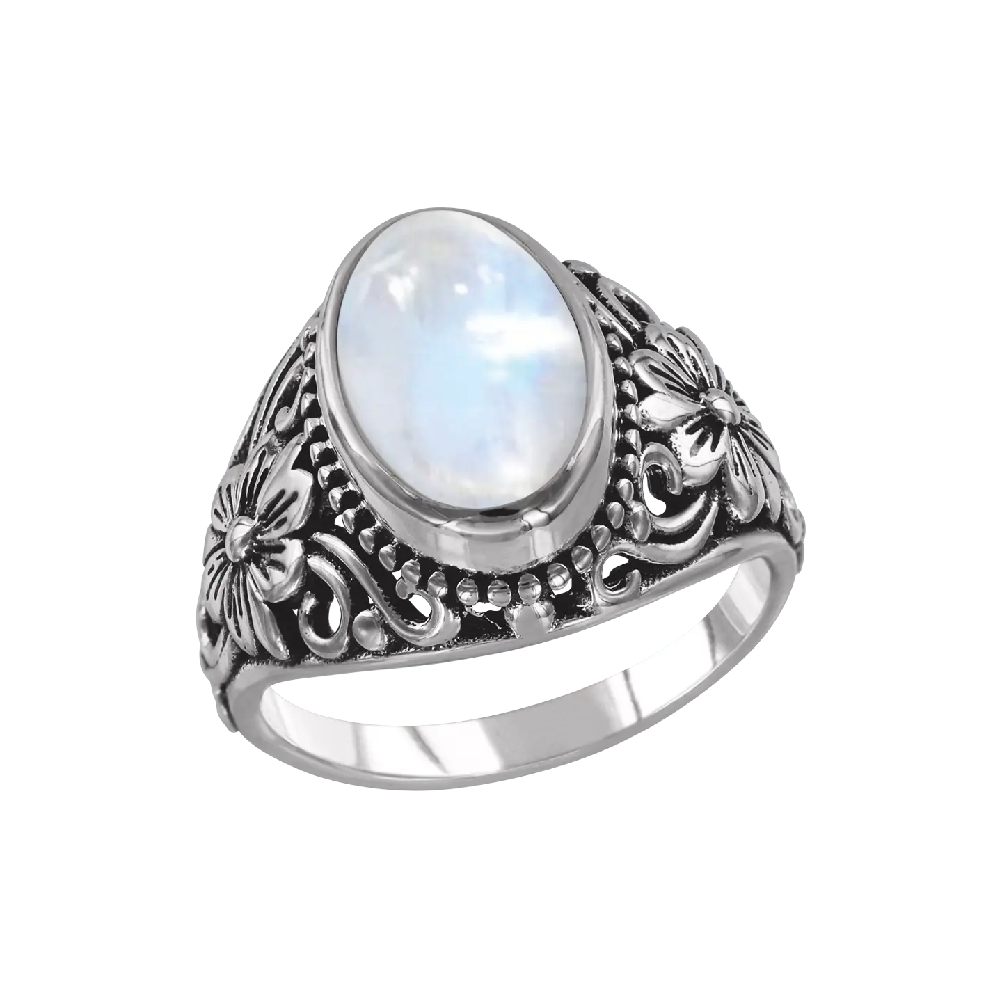 Product image 1 of the product “Women's Ring “Oval with Floral Ornament” in 925 Sterling Silver with Moonstone ”