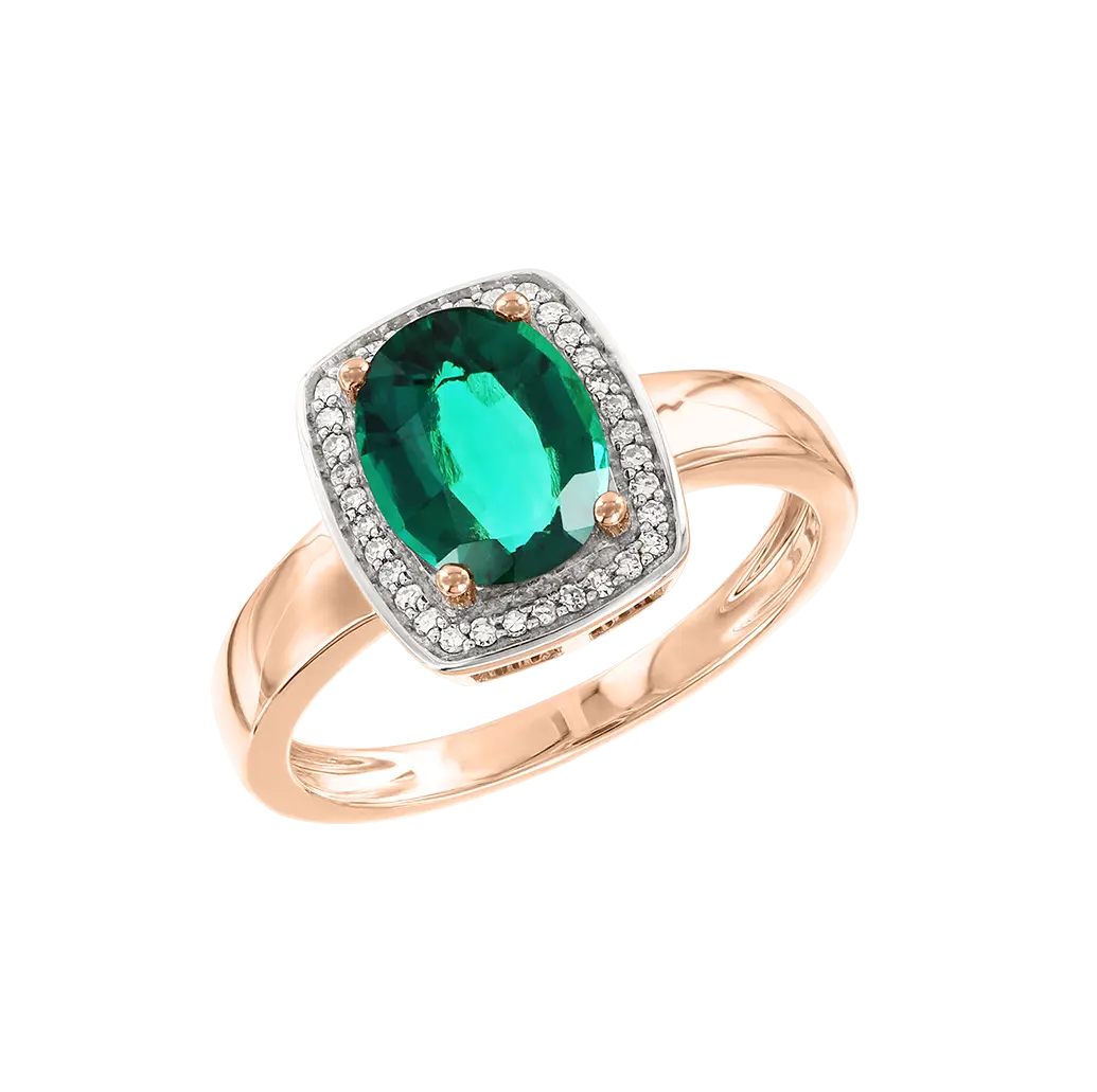 Artikelbild 1 des Artikels “Damenring „Oval mit eckigem Steinkranz“ aus 585 Rotgold mit Brillanten und Smaragd (synthetisch) “