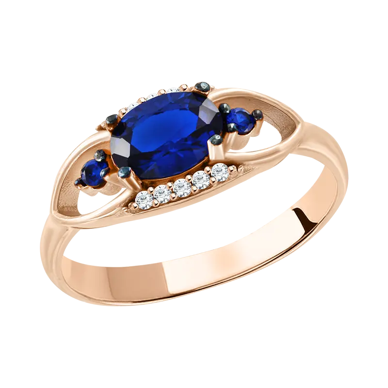 Product image 1 of the product “Women's Ring “Oval with Side Stones” in 585 Rose Gold with Cubic Zirconia and Sapphire ”