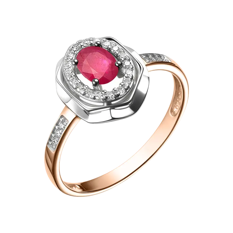 Product image 1 of the product “Women's Ring “Oval with Stone Halo” in 585 Two-Tone Gold with Diamonds and Synthetic Ruby ”