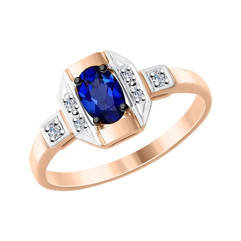 Product image 1 of the product “Women's Ring “Oval with Stepped Panels” in 585 Two-Tone Gold with Diamonds and Synthetic Sapphire ”