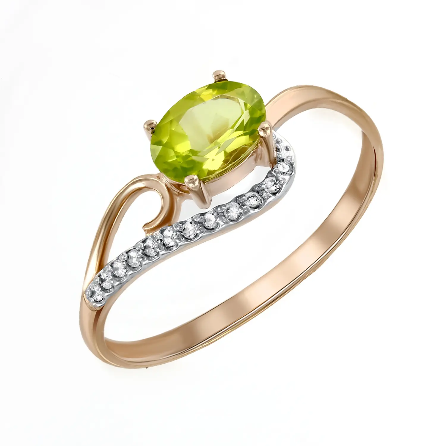 Product image 1 of the product “Women's Ring “Sweeping Oval Stone with Row of Stones” in 585 Rose Gold with Cubic Zirconia and Chrysolite ”