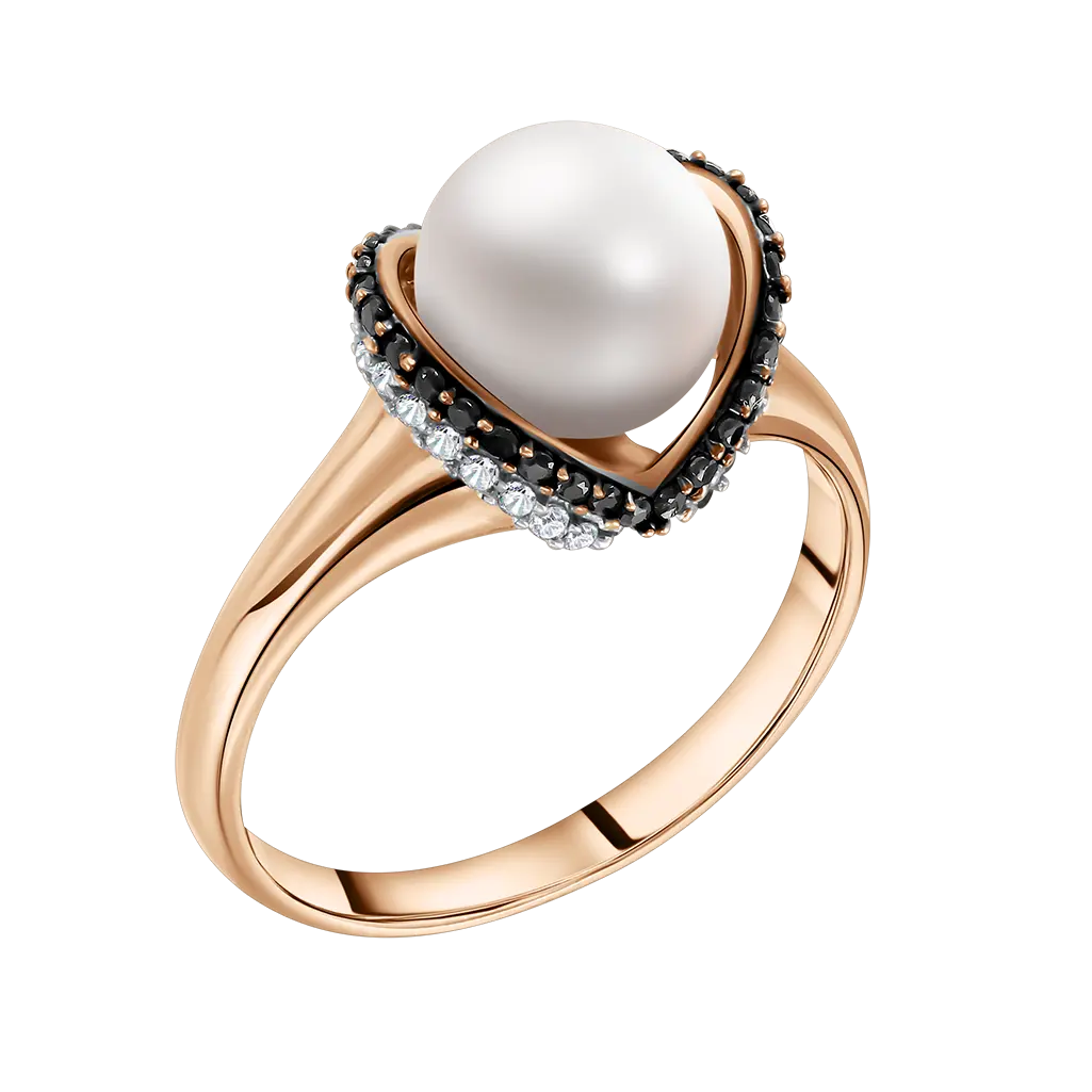Product image 1 of the product “Women's Ring “Pearl with Dark Stone Setting” in 585 Rose Gold with Cubic Zirconia and Pearls ”