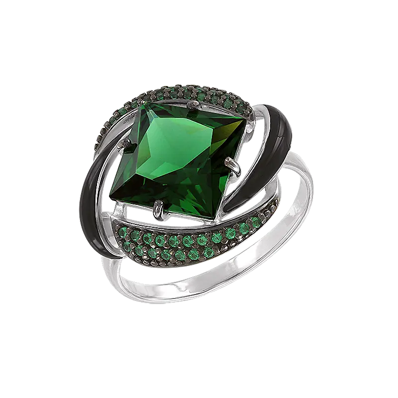 Product image 1 of the product “Women's Ring “Rhombus with Black Enamel” in 925 Sterling Silver with Cubic Zirconia and Sitall ”