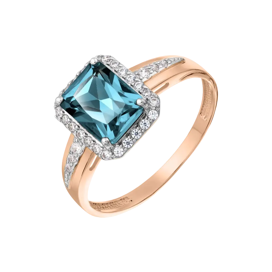 Artikelbild 1 des Artikels “Damenring „Rechteck mit Steinkranz“ aus 585 Rotgold mit Zirkonia und London Blue Topas “