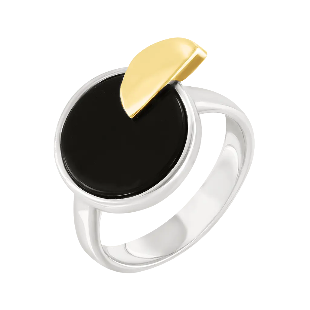 Product image 1 of the product “Women's Ring “Round Plate with Crescent Moon” in Gold-Plated 925 Sterling Silver with Onyx ”