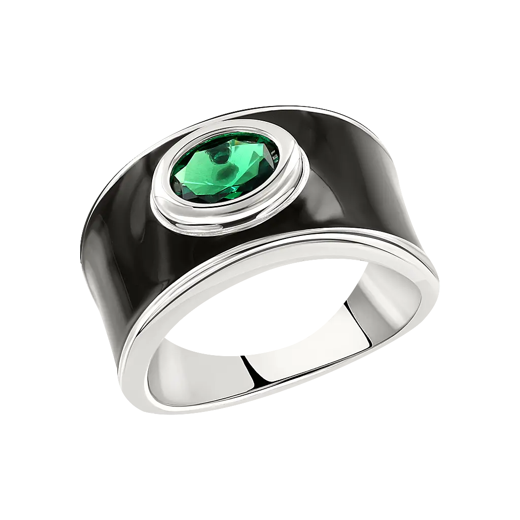 Product image 1 of the product “Women's Ring “Black Enamel with Round Stone” in 925 Sterling Silver with Cubic Zirconia ”