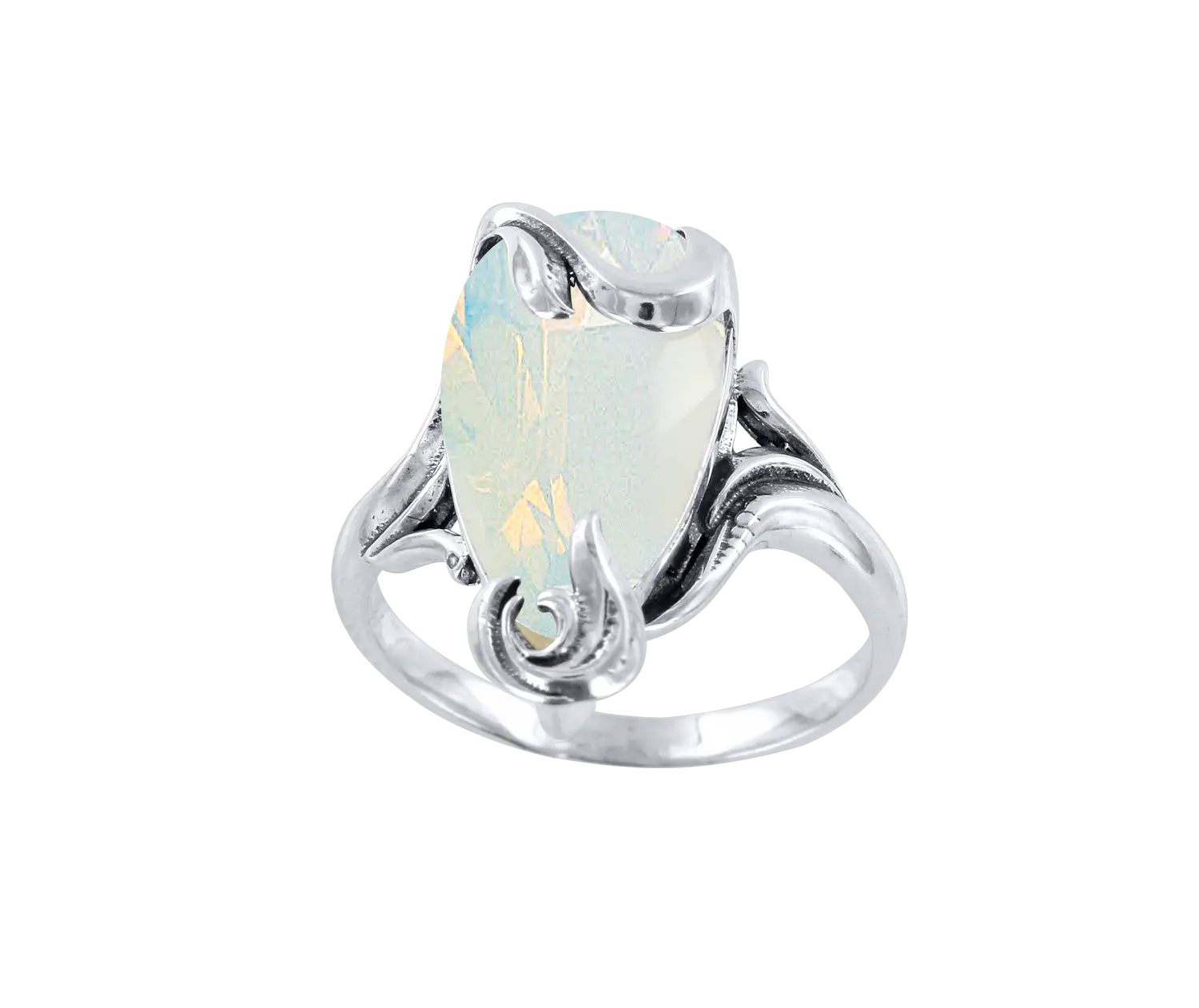 Artikelbild 1 des Artikels “Damenring „Stein mit Krappen und Schnörkel“ aus 925 Silber mit Mondstein “